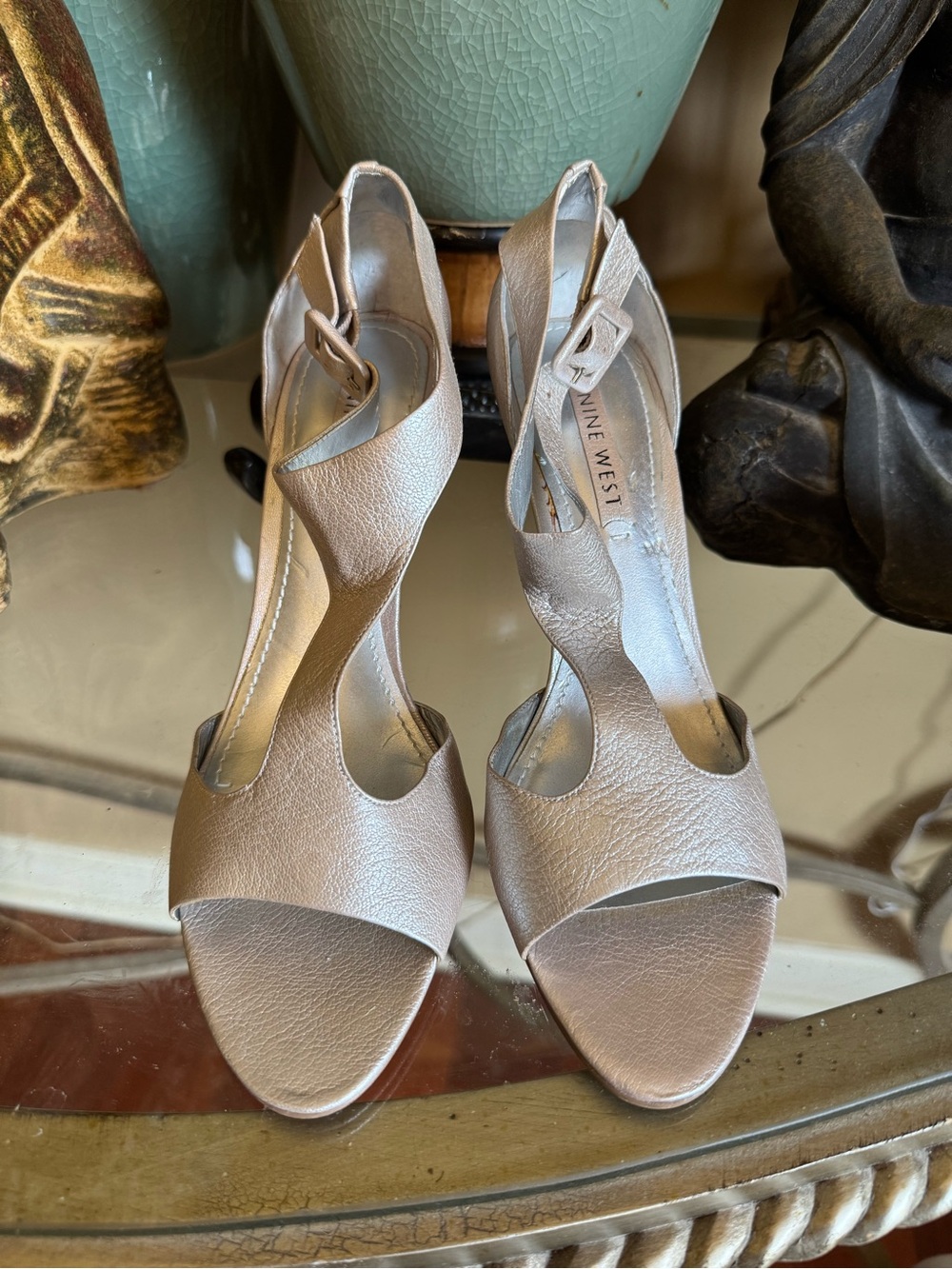 Nine West Metallic Taupe Open-Toe Ankle-Strap Heels